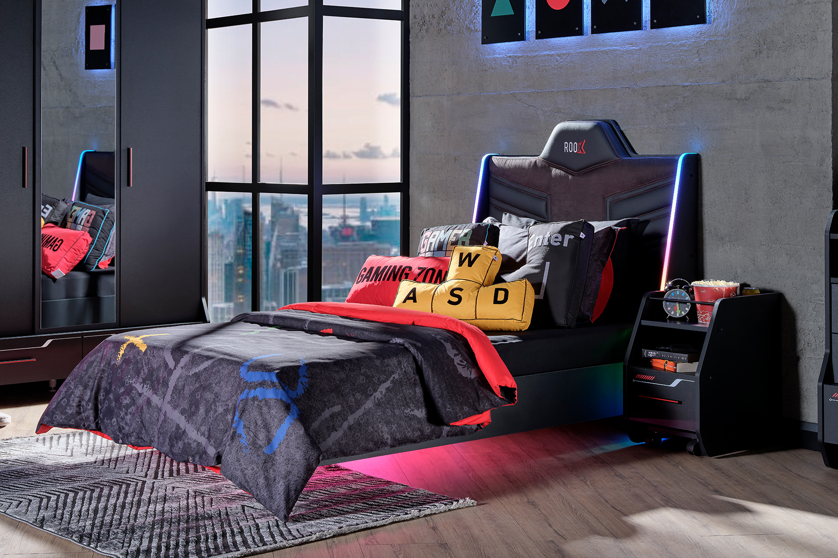 ROOX 120X200 BED FRAME &HB WITH LED LIGHT U BLACK - Image 2